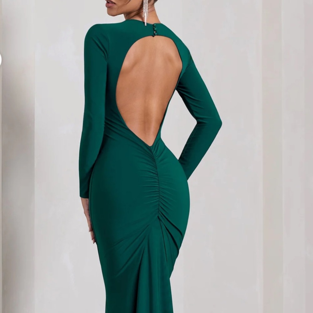 Long Sleeve Green Formal Dress -Open Back